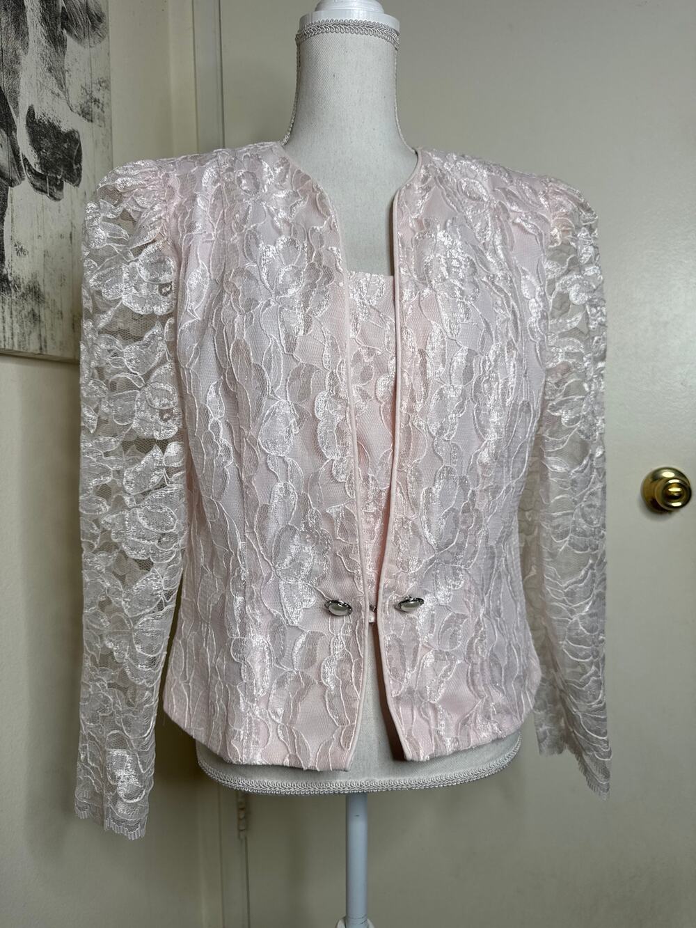 VTG Patra Pink Romantic Lace Jacket & Top Set Metallic Floral Co-ord M/L
